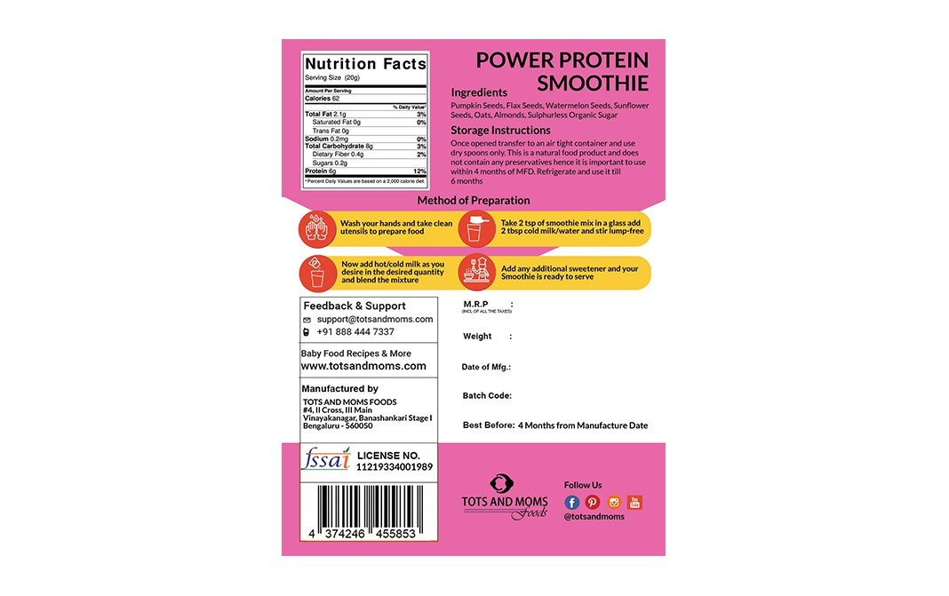Tots And Moms Foods Power Protein Smoothie   Pack  100 grams